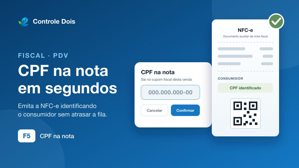 Ilustração com a janela "CPF na nota" do PDV do Controle Dois e o cupom da NFC-e com o consumidor identificado