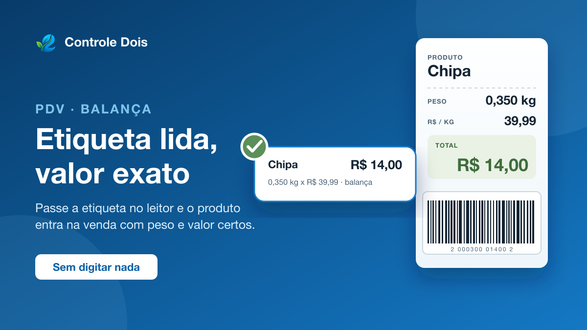 Ilustração com a etiqueta da balança, o código de barras e a linha da venda no PDV com o peso e o valor do produto