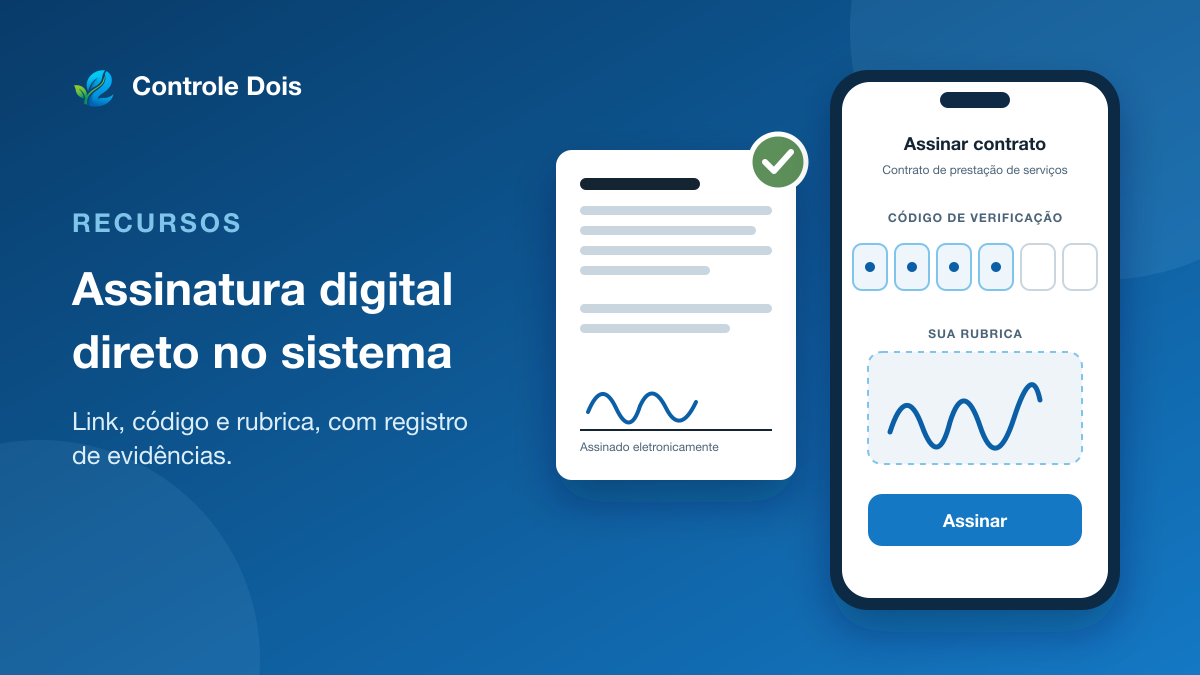 Ilustração de um celular com a tela de assinatura do contrato, código de verificação e rubrica, ao lado do documento assinado