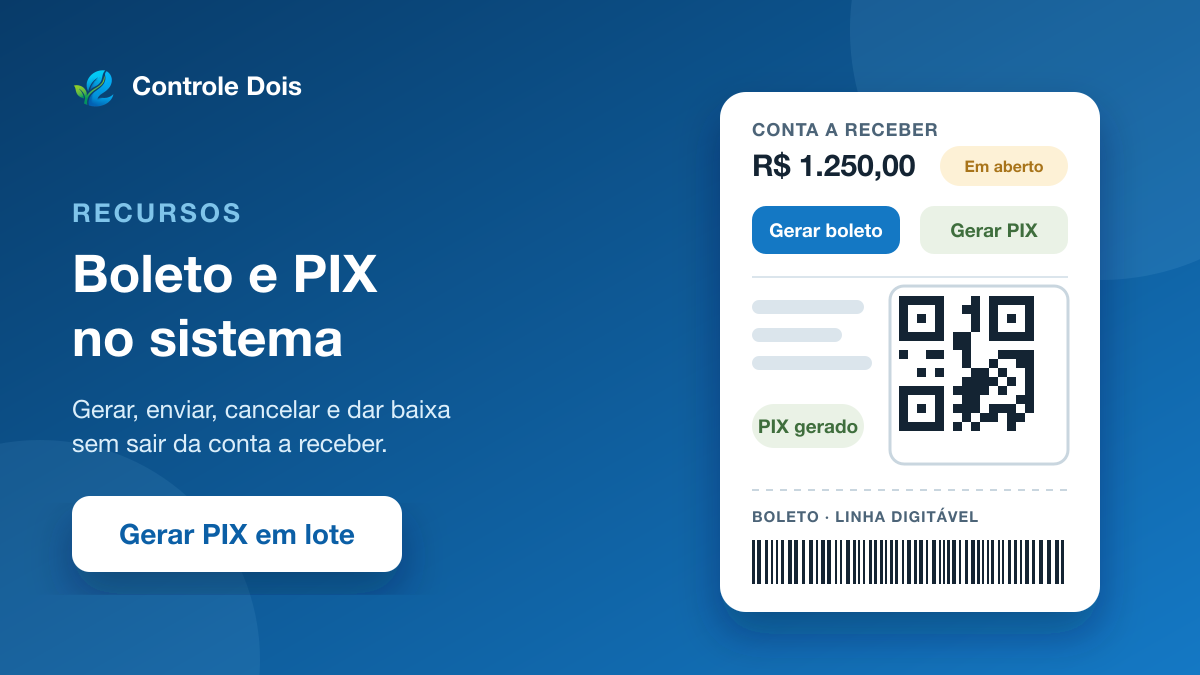 Ilustração de uma conta a receber com os botões de gerar boleto e gerar PIX, ao lado de um QR Code de PIX e da linha digitável do boleto