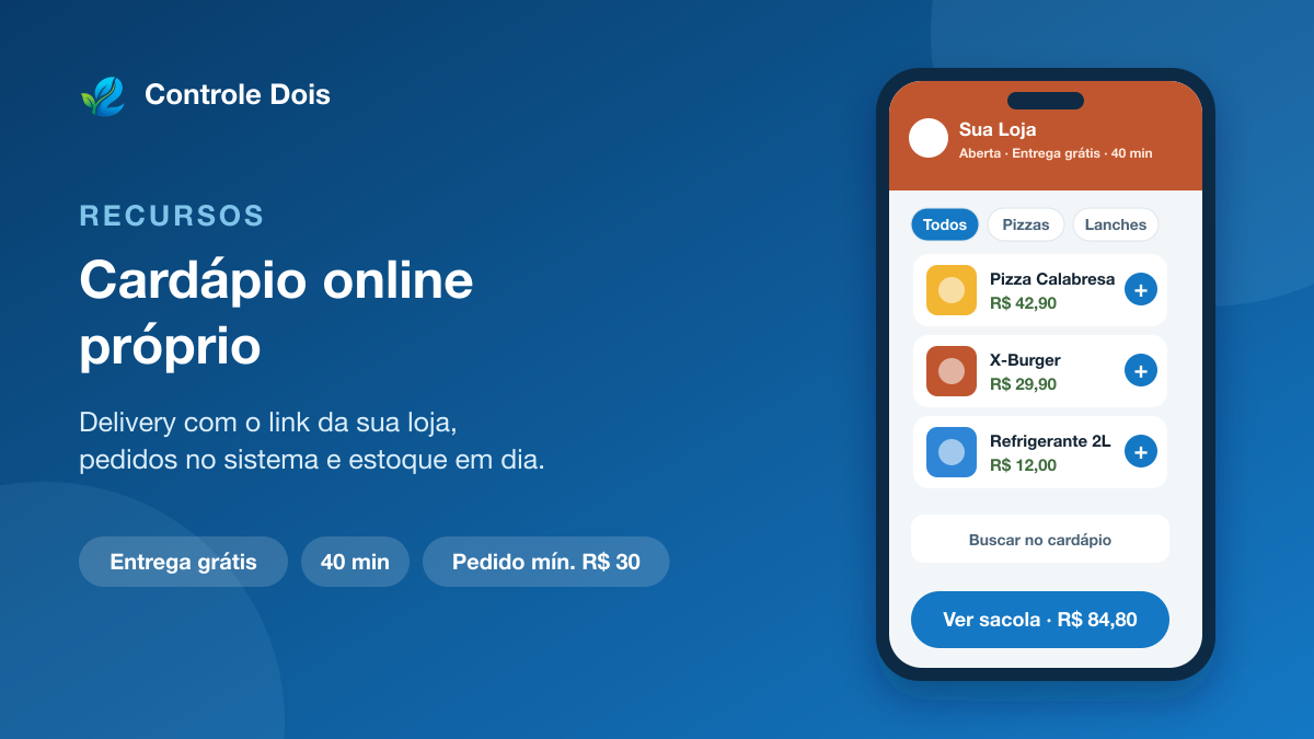 Ilustração de um celular com a página do cardápio online de uma loja, com categorias, produto com botão de adicionar e a sacola com o total do pedido